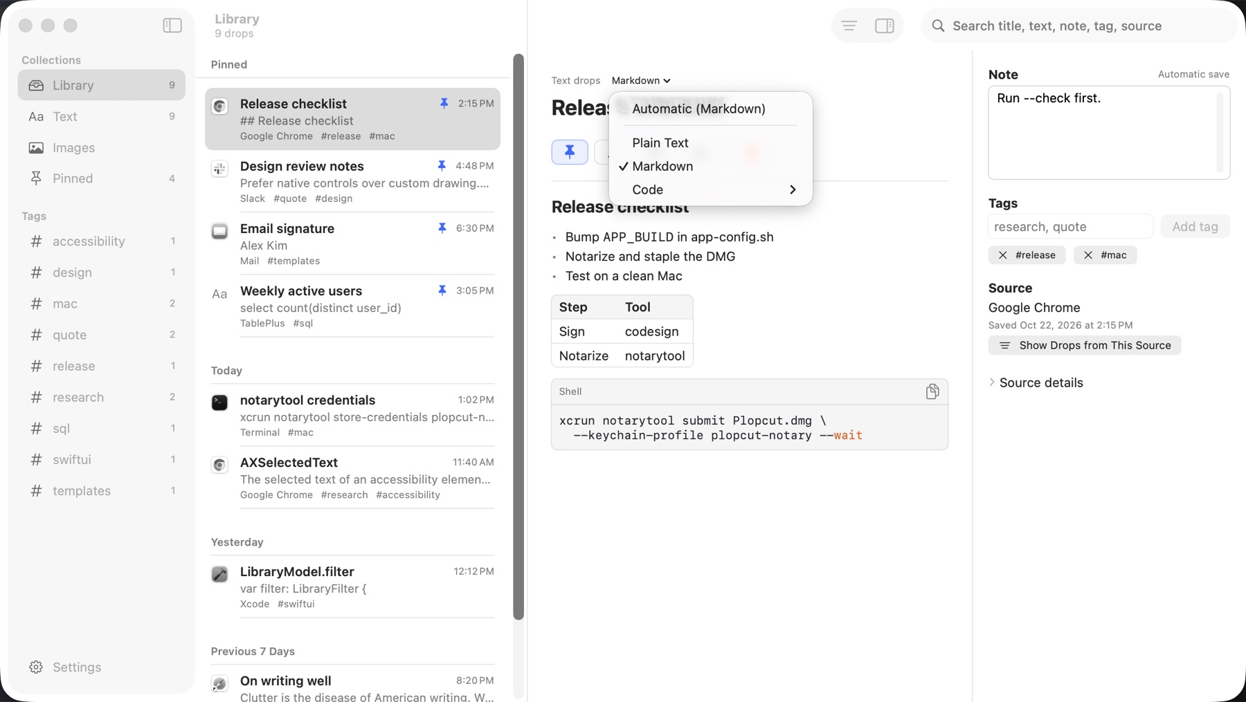 A Markdown drop with a list, a table, and a code block, with the format menu open