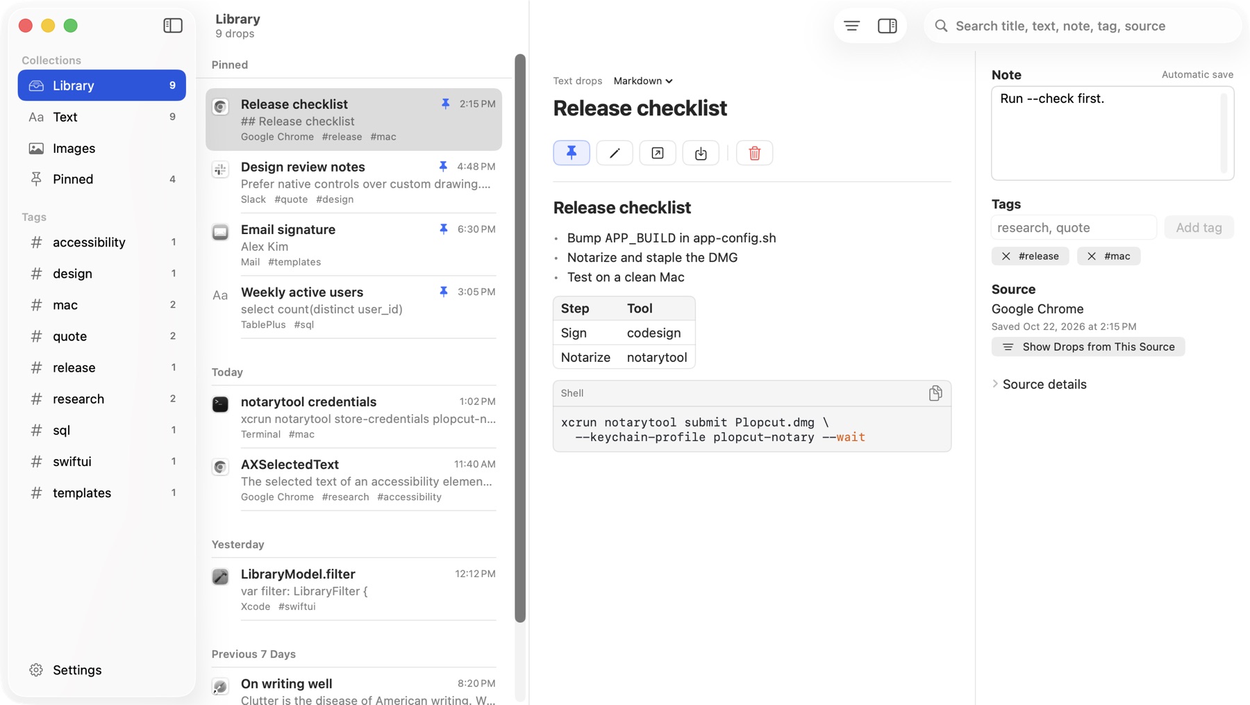 The Plopcut Library window: collections and tags in the sidebar, a list of drops with pinned drops on top, and a Markdown drop with its note and tags