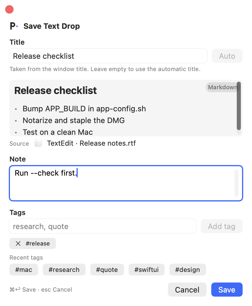 The Save Text Drop popup with a title, a Markdown preview, the source, a note, and tags